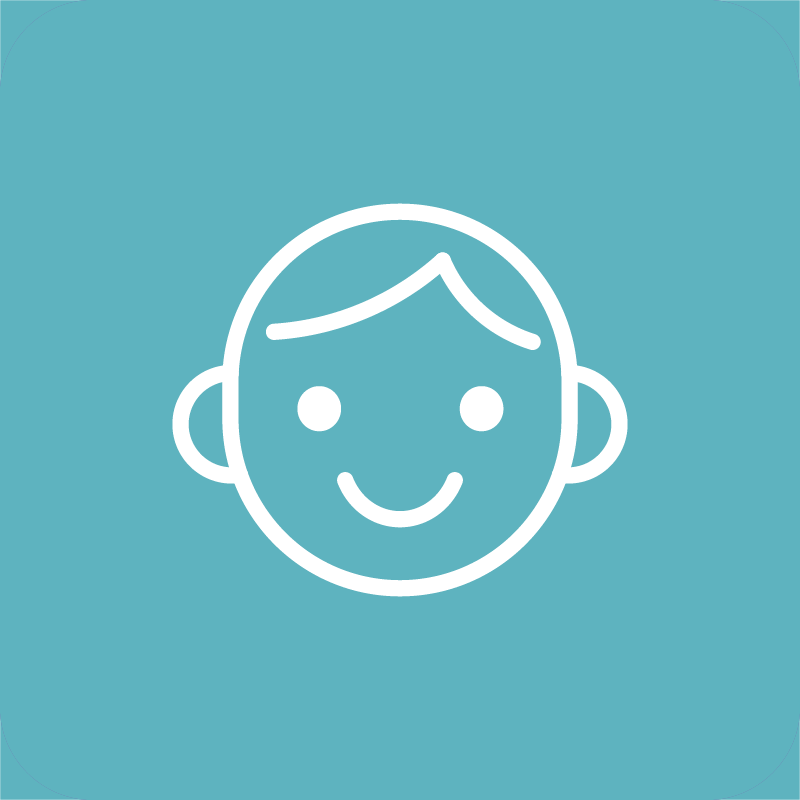 White outline of a child's face icon on a teal background