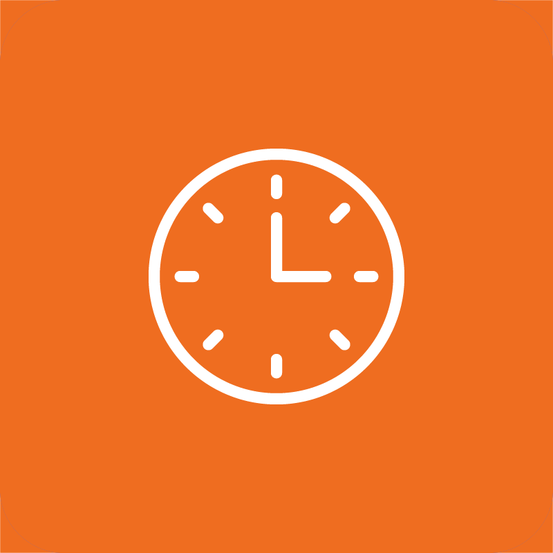 White clock icon on an orange background