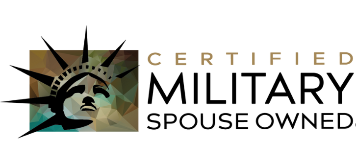 Military Spouse Chamber of Commerce Logo with stylized depiction of the Statue of Liberty and text "military-spouse owned" on a white background.